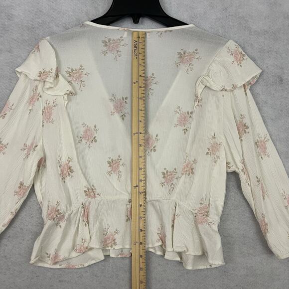 BCBGeneration Floral Faux Wrap Crop Top Womens Size XL Cream 3/4 Sleeve - Picture 6 of 8